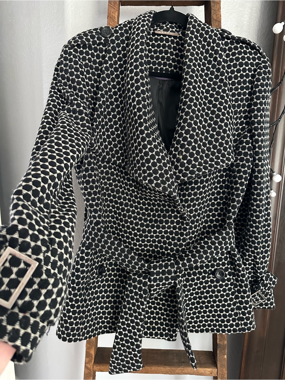 Kenar Black & White Patterned Belted Trench Jacket Size 12 - Picture 11 of 15